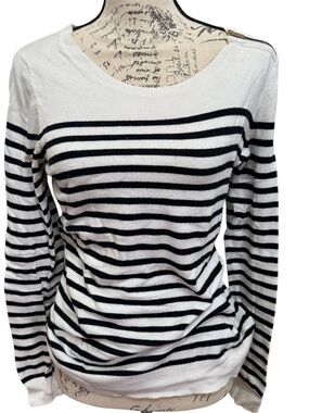 Banana Republic Navy and White Striped Scoop Neck Sweater